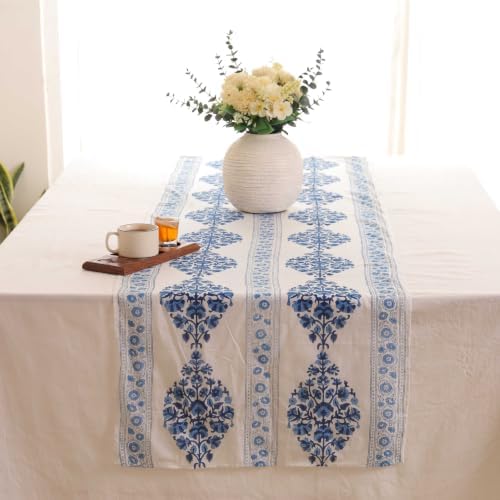 Hand Block Printed Cotton Table Runner, Machine Washable Cotton Runner, Boho Floral Centerpiece Accent for Dining Tables and Buffet Cabinets, 16x70 Inches - Blue & Ivory - Image 3