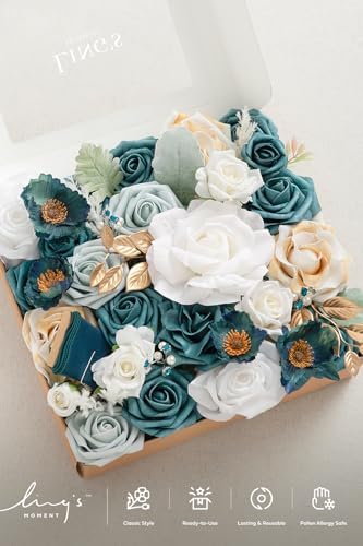 Ling's moment Artificial Wedding Flowers Combo, White & Teal, Grand - Image 4