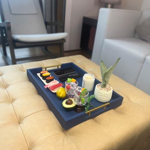 14x20 Inches Blue Faux Leather Wrapped Wood Serving Tray with Metal Handles for Various Occasions, Ottoman, Home Decor Decorative, Living Room, Coffee Table Organizer, Serving Breakfast On Bed - Image 3