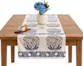 Hand Block Printed Cotton Table Runner, Boho Floral Table Setting Accent, Machine Washable Cotton Runner for Extended Dining Tables and Buffet Tables, 16x106 Inches - Blue & Ivory by THEARTBOX