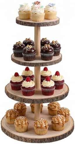 4 Tier Wooden Cupcake Tower, Wood Cupcake Stand, Tiered Dessert Stands, Large Rustic Cupcakes Display Holder Stand, for Woodland Baby Shower Decoration Wedding Birthday Tea Party Farmhouse Decor by Unknown