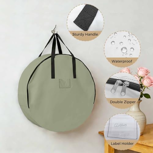 24 Inch Round Storage Bag 2 Pack,Vintage Green Graze Pattern Waterproof Wreath Storage Container with Handles&Zipper Monochrome Closet Organizer Bags Garland Box - Image 5