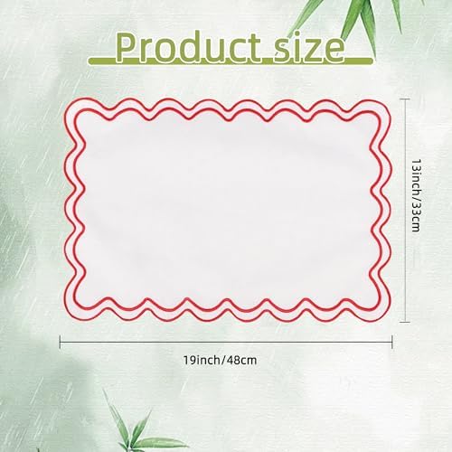 Set of 6 Cotton Linen Placemats, 13''x 19'' Wavy Embroidery Scalloped Placemats Washable Rustic Dinner Waterproof Table Mats (red) - Image 2