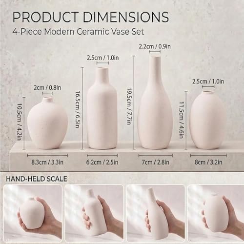 Ceramic Vase Set of 4 – Modern Farmhouse Decorative Vases for Home Decor, Minimalist Matte Pottery Vases for Flowers, Pampas Grass, Table Centerpiece, Mantel, Shelf & Entryway (Beige) - Image 2