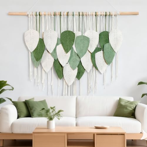 NYEONHRT Large Macrame Wall Hanging Handmade Boho Leaf and Feather Tapestry for Modern Home Decor Perfect Wall Art for Living Room Bedroom Nursery Apartment Backdrop 39x31 Inch (White green) - Image 2