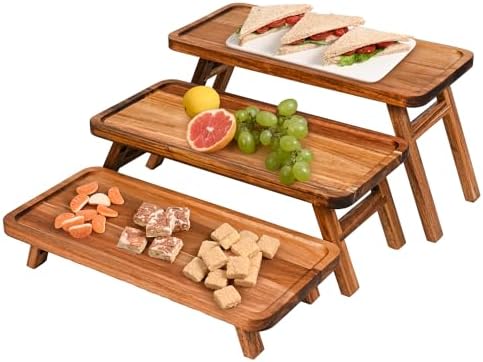 GEHE 3 Tier Serving Tray Acacia Wooden Tiered Tray Stand Foldable Dessert Table Display Set Decor Charcuterie Boards for Party, Birthday, Wedding, Christmas by GEHE