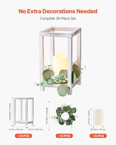 VEVOR 12 Set/36 Pcs Wooden Wedding Lantern Centerpiece, Includes 12 Wooden Lantern Candle Holder 12 Flameless LED Candle 12 Eucalyptus Leaves Wreath for Wedding Table Party Farmhouse Decor, White - Image 4