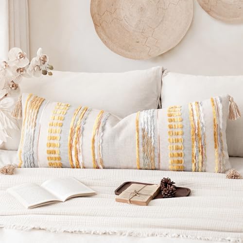NUYECY Chenille and Cotton Long Pillow for Bed,Striped Textured Boho Long Lumbar Throw Pillow Cover 14x36,Neutral Accent Decorative Extra Long Body Pillow Case for Couch Sofa Bedroom,Yellow-Grey - Image 4