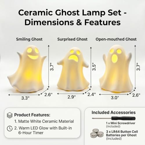 Ceramic Ghost Decor, Light Up Ghost Figurines for Halloween with Timer - Image 2