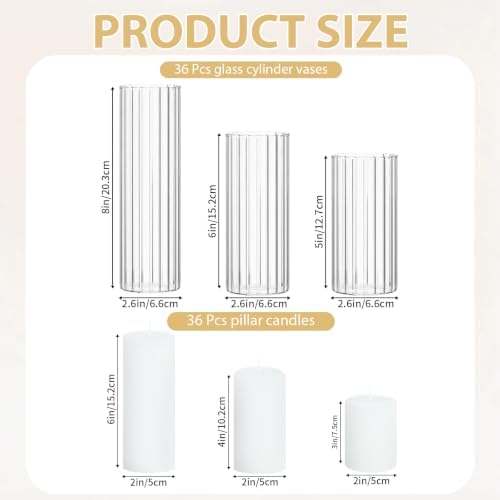 36 Pack White Pillar Candles + 36 Pack Vertical Ribbed Clear Glass Cylinder Holders, Hurricane Candle Shades for Wedding, Home, Party Table Centerpieces Decor - Image 2