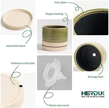 HERDUK 8 Inch Pots for Plants, Ceramic Planter Pot with Drainage Hole & Saucer, Indoor/Outdoor Cylinder Round Planter Pot, Green & Beige - Image 4