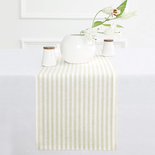 Solino Home 100% Pure Linen Table Runner, 14 x 108 in, Sage, Amalfi Stripe by SolinoHome
