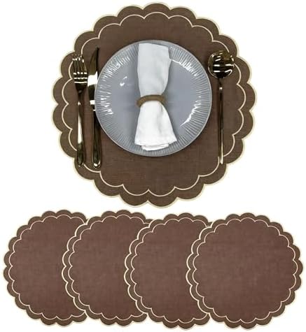 Linen Cotton Placemats Set of 4 Scalloped Flower Embroidery Place Mats 15'' Natural Linen Texture Fabric Machine Washable Table Mats for Restaurant Kitchen,Table Decor(Brown) by lyssiatina