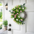 Spring Summer Wreath for Front Door, 24 Inch Artificial Tulip Wreath with Pink White Lavender and Eucalyptus Greenery for Indoor Outdoor Home Farmhouse Wall Decor - Image 4