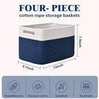 Storage Baskets for Organizing, 4 Pack Baskets for Shelves, Decorative Storage Bins for Shelves, Cotton Rope Storage Basket with Handles, Woven Basket for Storage, 13''Lx8.7''Wx7.9''H, White & Blue - Image 3
