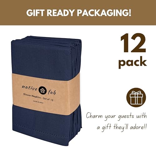 Native Fab Cloth Napkins Set of 12, Hemstitched Edges 100% Cotton, Washable Dinner Napkins 18x18 inch, Soft & Comfortable Reusable Table Napkins - Navy Blue - Image 5