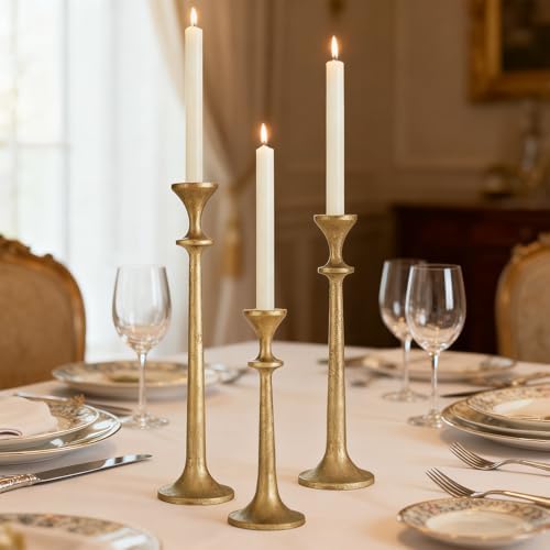 Gold Taper Candle Holders Set of 3 Heavy Cast Iron Antique Brass Candlestick Holder for Table Centerpiece Vintage Decorative Candelabra for Home Decor Fireplace Wedding Holiday Christmas Halloween - Image 4