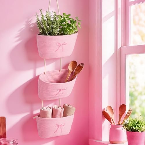 SiliFine 3 Tier Large Pink Bow Woven Hanging Basket 14.4 x 11.8 x 7 Inch - Image 4