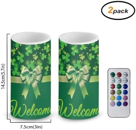 St Patricks Day Decor Flameless Candles Battery Candles with Remote Control Green Bow LED Pillar Candles Electric Fake Plastic Candles for Home Room Bedroom Holiday Decorations Set of 2 - Image 3