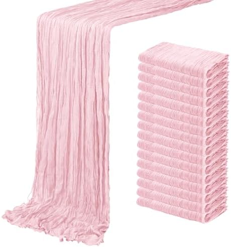 16 Pack Light Pink Cheesecloth Table Runner 20 x 120 inch Gauze Table Runners 10 FT Long,Semi Sheer Boho Cheese Cloth Fabric Table Runner Bulk for Wedding,Party,Baby Shower,Bridal Shower Decoration by ACSUIT