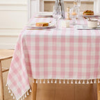 JIALE Gingham Table Cloth Rectangle Cotton Linen Fabric Gingham Tablecloth with Tassel Washable Wrinkle Free Buffalo Plaid Table Cover for Valentines Day Spring Picnic Kitchen Dining, Pink, 55x120 by JIALE