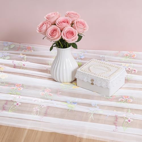 BINBE 12pcs Ivory Florals Table Runner Embroidery Gauze 10FT Daisy Seasonal Tulle Birthday Wedding Holiday Kitchen Dining Table Decor for Home Party - Image 4