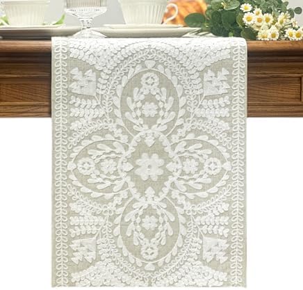KEVA Boho Table Runner 110inches Long, Farmhouse Rustic Vintage White Embroidered Table Runners 13x110 Inch for Dining Table Decorations by KEVA
