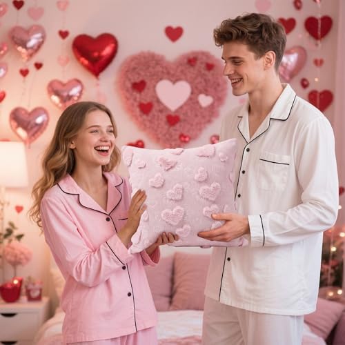 Tiamon 4 Pcs Valentines Throw Pillow Covers 18 x 18 Inch 3D Embroidered Plush Pink Red Hearts Pillow Cases Valentine's Day Love Fluffy Faux Fur Cushion Covers for Sofa Couch Wedding Anniversary Party - Image 4