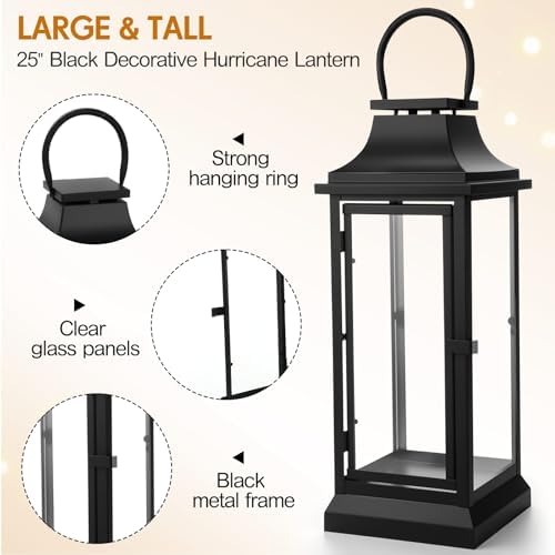 Nuogo Farmhouse Large Lanterns for Outdoor 20 Inch Black Metal Lanterns with Glass Panels Hanging for Table Porch Vintage Home Party Decor Gift Indoor Outdoor, Candle Not Includes - Image 2