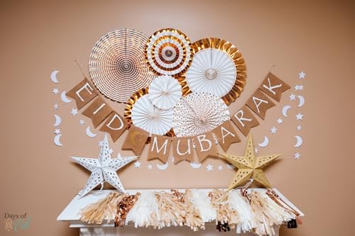 Garland Pack with Eid Mubarak Burlap Banner – Eid Party Decorations | Garland Decor with Paper Fans, Tassel & Moon & Star Garlands | Eid Hanging Decorations for Home & More - Image 5