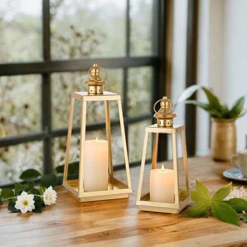 Gold Metal Lantern Decorative Indoor, Set of 2 Wedding Decor - Image 4