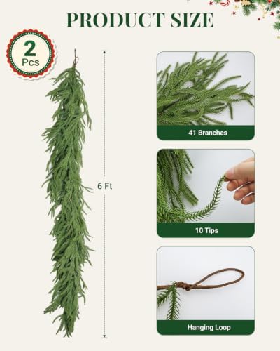 2 Pack 6 FT Norfolk Pine Garlands, Real Touch Christmas Decor - Image 2