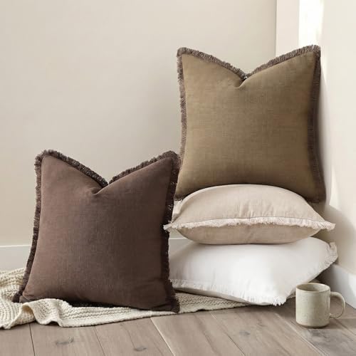 decorUhome Linen Fringe Chocolate Throw Pillow Covers 22x22 Set of 2 - Image 5