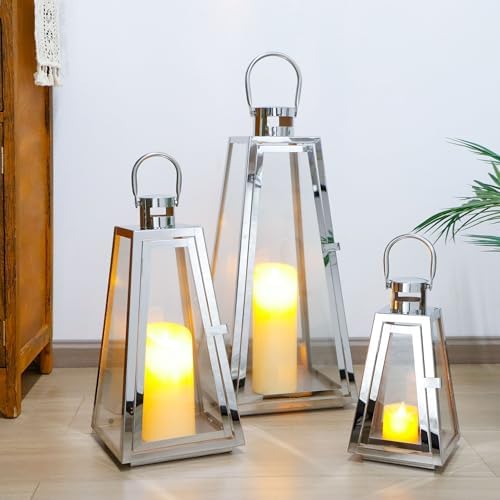 TRIROCKS Set of 3 Stainless Steel Candle Lantern 21''&16''&11'' High Metal Candle Holder with Tempered Glass Panels for Christmas Home Decor Living Room Parties Events Indoors Outdoors (Silver - Image 6
