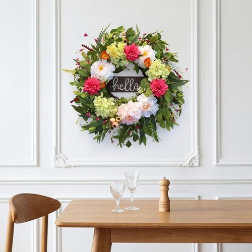 24" Summer Wreaths for Front Door with Hello Sign,Hydrangea Wreath with Pink Dahlia Flowers Eucalyptus.Summer Wreath for Front Door,Porch,Farmhouse,Wall,Window Indoor Outdoor Decor - Image 5