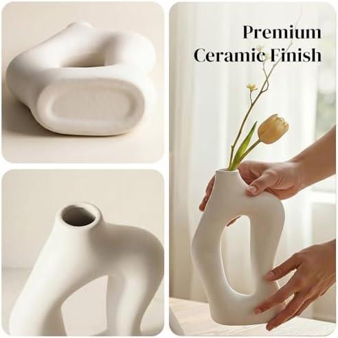 Dowan White Vases for Decor,Hollow Ceramic Vase Set of 2,8.3" Nordic Modern Boho ins Style Decorative Ceramic Aesthetic Flower Vase for Home Decor Modern Minimalist Table, Entryway Centerpieces - Image 3