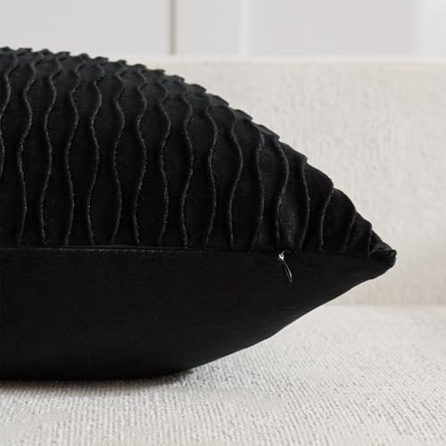 DEZENE Black Vertical Ripple Striped Decorative Pillow Covers: Pack of 2 24x24 Inch Velvet Square Throw Pillow Cases for Farmhouse Couch Sofa Bed Living Room Home Decor - Image 3