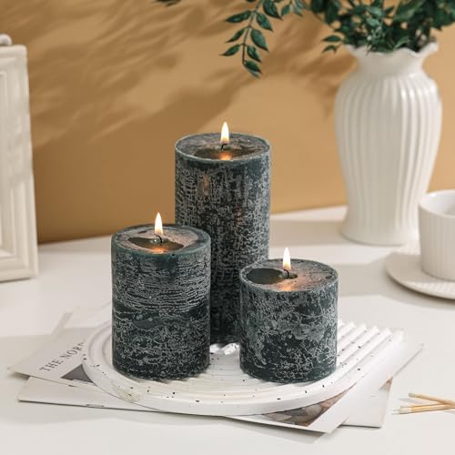 3x6 Inch Dark Green Pillar Candles Set of 3 - Hand-Poured Unscented Candles, Long Clean Burning, Dusty Sage Candle, Smokeless Dripless Candle for Dinner Table, Wedding, Home, Rustic Decor - Image 3