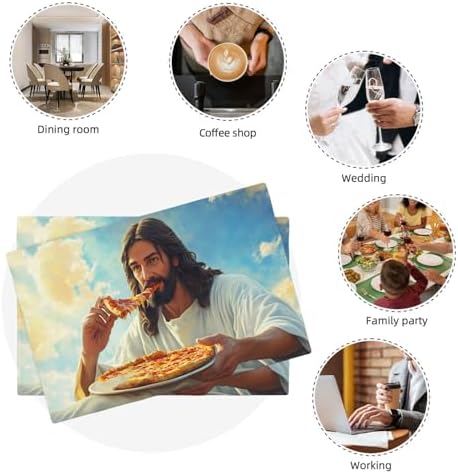 Jesus Eats Pizza Placemats Set of 6 Funny God Table Mats Christian Place Mats Decor Imitation Linen Heat Resistant Tablecloth for Dining Decoration Kitchen Party Restaurants 12''x18'' - Image 7
