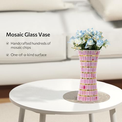 Pink Mosaic Glass Vase,11.8 Inch Mosaic Pink Vase for Living Room Bedroom Bouquets Wedding, Handmade Flower Vase for Home Decor - Image 4