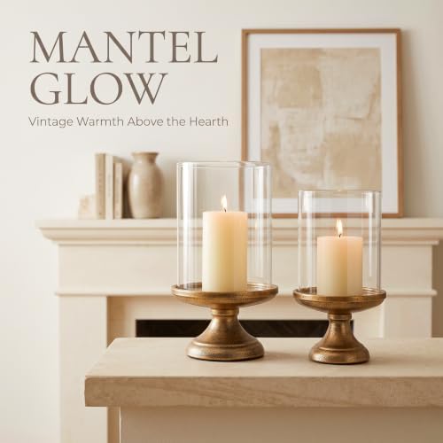 Hurricane Candle Holder with Glass Cylinder Antique Brass Iron Base - Image 7