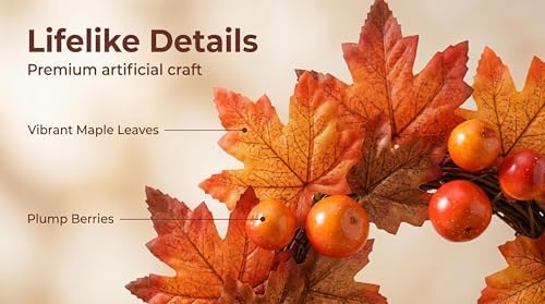 24 Inch Fall Wreath for Front Door, Artificial Autumn Harvest Wreath with Maple Leaf, Pumpkin, Rose, Pinecone, Autumn Sunflower Wreath，Thanksgiving Wall Window Porch Outdoor Indoor Home Decor - Image 5