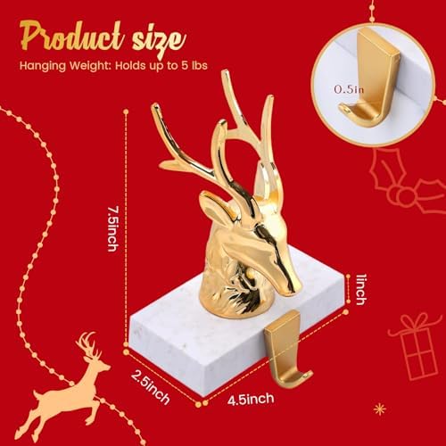 Fonder Mols Reindeer Christmas Stocking Holders for Mantle Set of 2, Deer Xmas Fireplace Hanger Hooks Metal Grips Clips Mantel Hooks (Gold) - Image 3