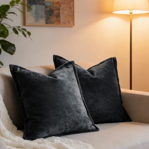 Luxurious Velvet Euro Shams Decorative Throw Pillow Covers 26x26 Set of 2 Solid Square Euro Pillow Shams for Sofa Couch Bedroom, Black by COCOPLOCEUS