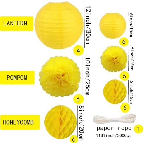 WOLHOWLTD Yellow Paper Decoration Set - 34 Pcs Paper Lanterns, Pompoms, Honeycomb for Wedding,Harvest, Summer Aloha Party, School Day,Baby Shower,Birthday Party Classroom,Home Decoration(Yellow) - Image 2