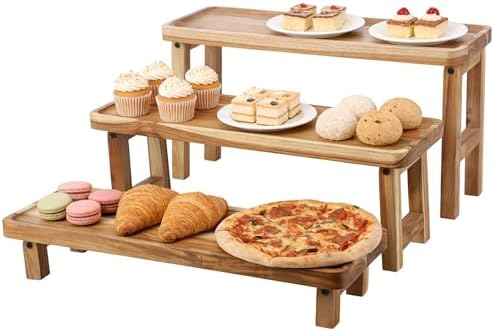 3 Tier Wood Serving Tray Set, 16.9 Inch Foldable Dessert Display & Cupcake Stand, Sturdy Charcuterie Boards Rustic Wood Platters Set for Birthday, Wedding, Christmas, Party Decorations & Home Use - Image 2