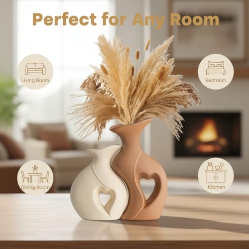 Beige and Brown Ceramic Vase Set of 2，Heart Shaped Home Decor - Image 6