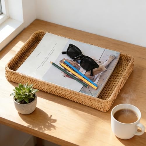 Rattan Serving Tray, Rectangle Wicker Storage Basket for Organizing - Image 2