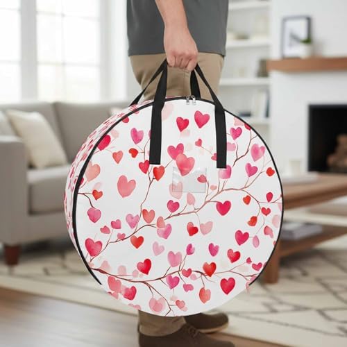 Valentine's Day Round Storage Bag 24 Inch, Romantic Watercolor Red Gradient Love Heart Tree Clothes Storage Container with Handles Heavy Duty Organizer for Comforter, Bedding & Holiday Wreaths - Image 2