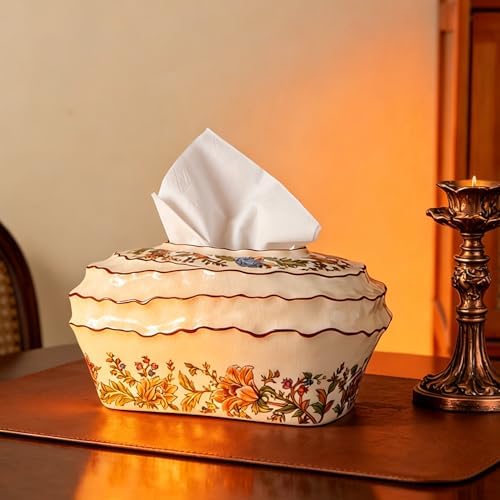 Vintage Floral Ceramic Tissue Box Cover,Cream Rectangular Tissue Holder by Unknown